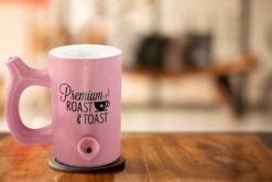 Shop Pink roast & Toast mug with black logo in australian