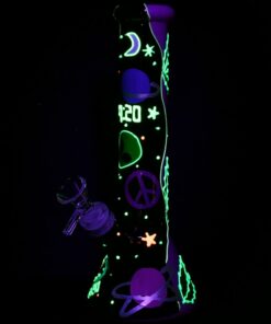 Shop 420 Beam Me Up Beaker Glow In The Dark Glass Water Pipe - 9.5" / 14mm F in australian