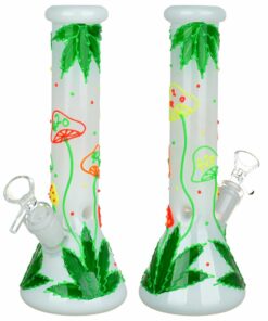 Shop 420 Hemp Leaf and Shrooms Glow In The Dark Glass Water Pipe - 9.5" / 14mm F in australian