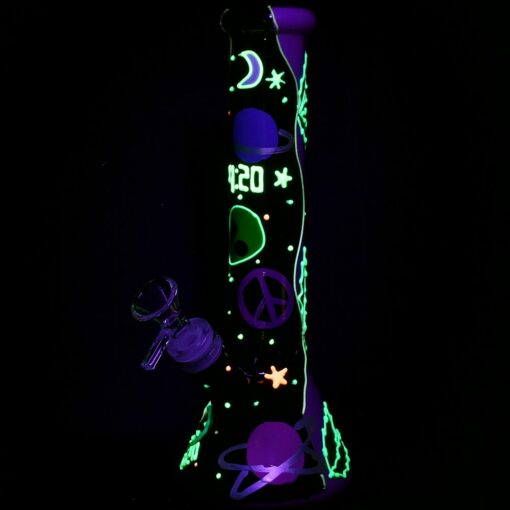 Shop 420 Beam Me Up Beaker Glow In The Dark Glass Water Pipe - 9.5" / 14mm F in australian