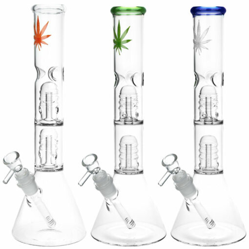 Shop Double Stacked Hemp Leaf Beaker Water Pipe - 12" / 14mm F / Colors Vary in australian