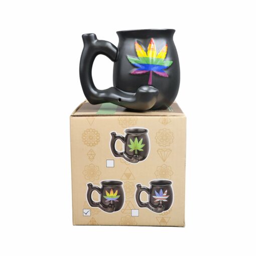 Shop embossed leaf matt black mug - rainbow leaf in australian