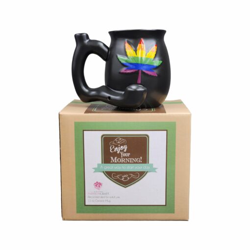 Shop embossed leaf matt black mug - rainbow leaf in australian