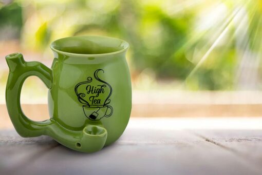 Shop High Tea single wall Mug - shiny green with black imprint in australian