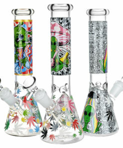 Shop Aliens And Hemp Leaves Glow Glass Beaker Water Pipe-10" / 14mm F / Designs Vary in australian