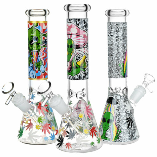 Shop Aliens And Hemp Leaves Glow Glass Beaker Water Pipe-10" / 14mm F / Designs Vary in australian