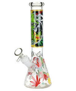 Shop Aliens And Hemp Leaves Glow Glass Beaker Water Pipe-10" / 14mm F / Designs Vary in australian