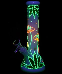 Shop 420 Hemp Leaf and Shrooms Glow In The Dark Glass Water Pipe - 9.5" / 14mm F in australian