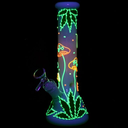 Shop 420 Hemp Leaf and Shrooms Glow In The Dark Glass Water Pipe - 9.5" / 14mm F in australian