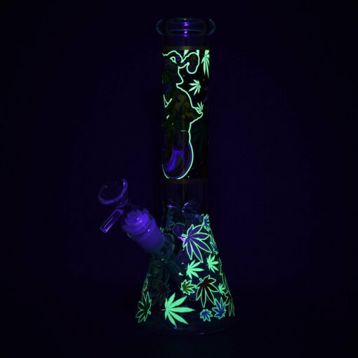 Shop Aliens And Hemp Leaves Glow Glass Beaker Water Pipe-10" / 14mm F / Designs Vary in australian